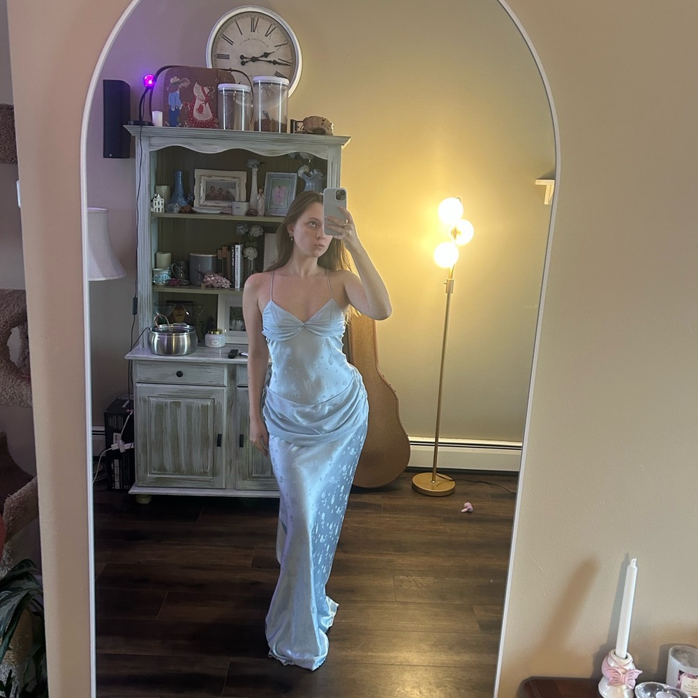 For Love & Lemons Light Blue Satin Cowl Maxi Dress